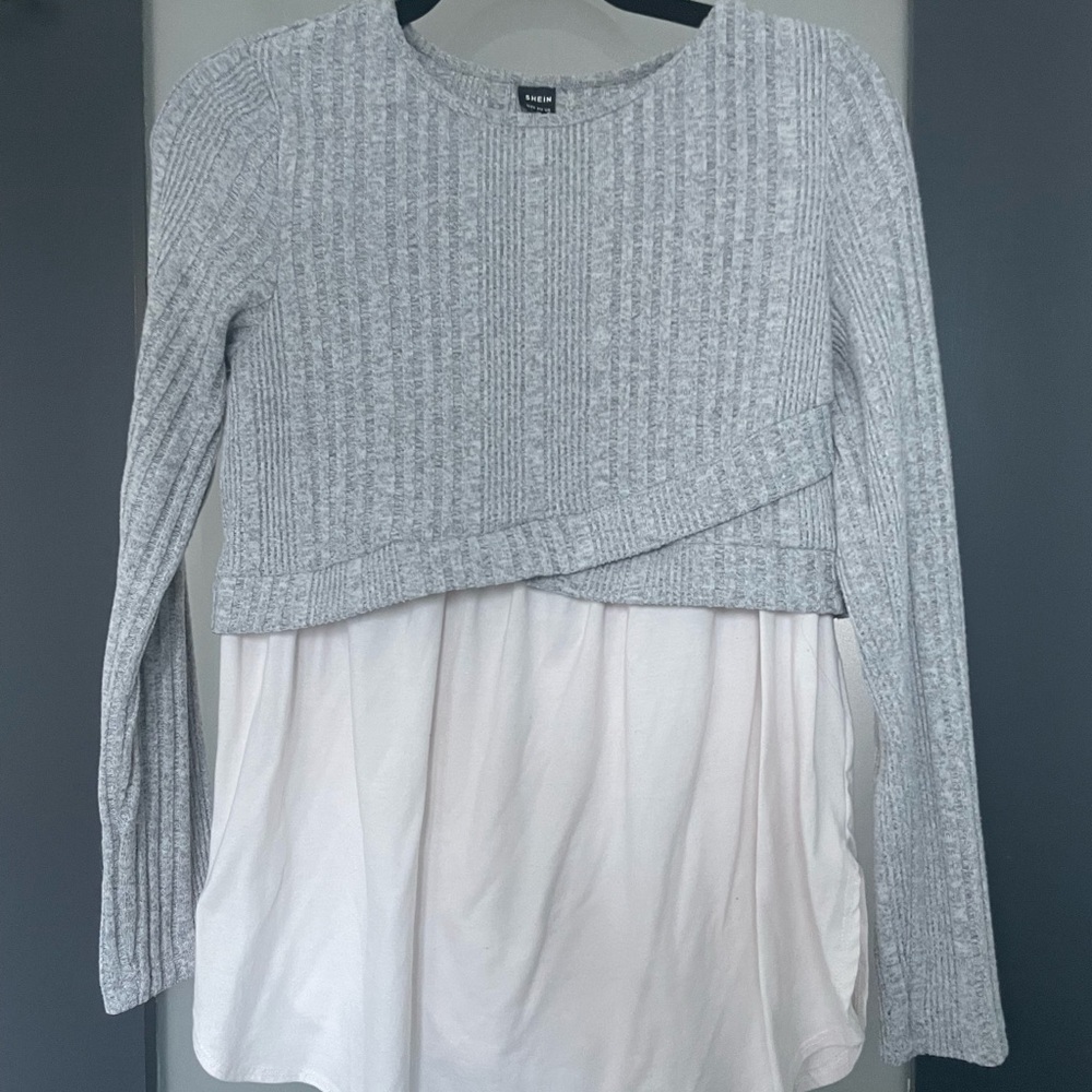 Maternity Gray Ribbed Knit Sweater with White Layer